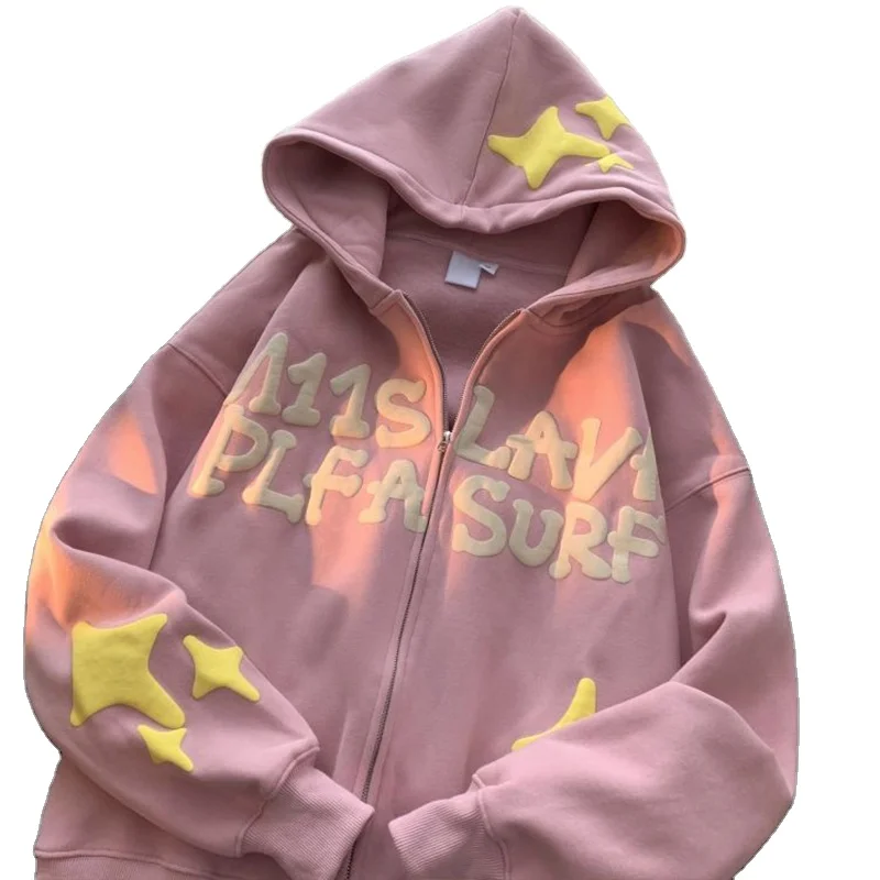 OEM Custom Logo acid wash High Quality 100% Cotton vintage Hoodies Unisex oversized 3D puff all over printing full zip up hoodie