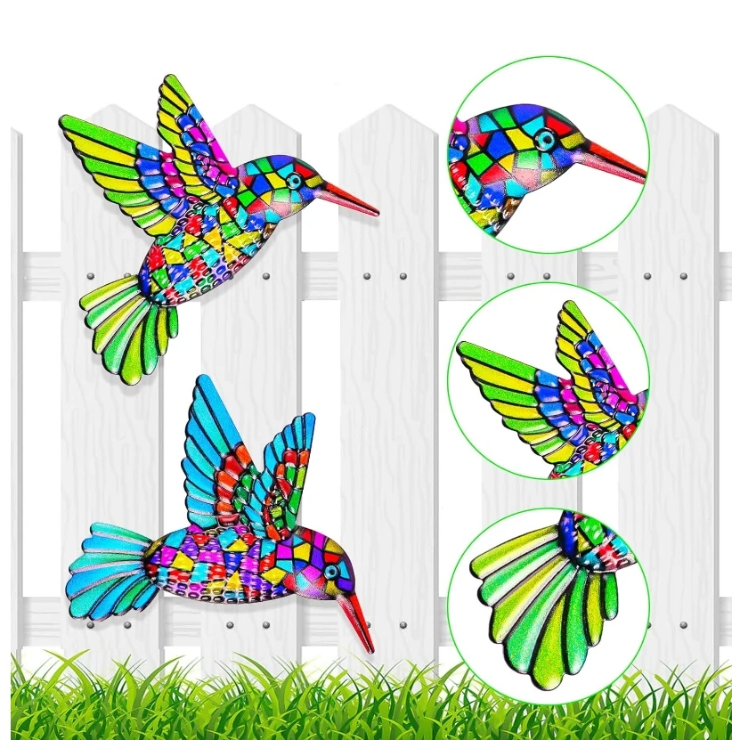 2 Pack Colorful Wrought Iron Hummingbird Wall Metal Hummingbird Decoration for Outdoor Garden Fence Lattice Door Decoration