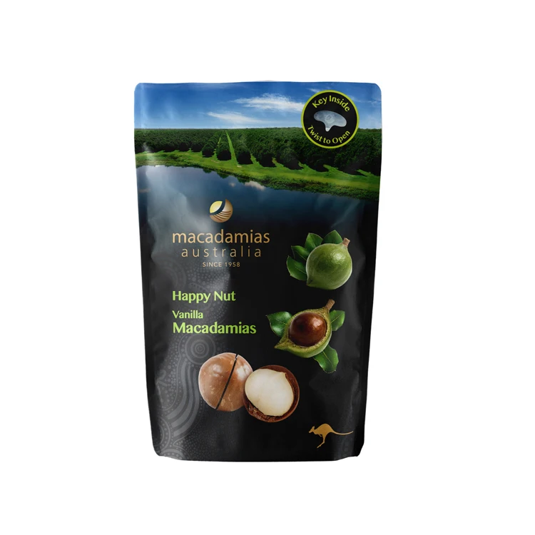 Happy Nut Vanilla Macadamias Inshell With Laser Cut and Key Inside 225g x 20 Grown and packed in Australia