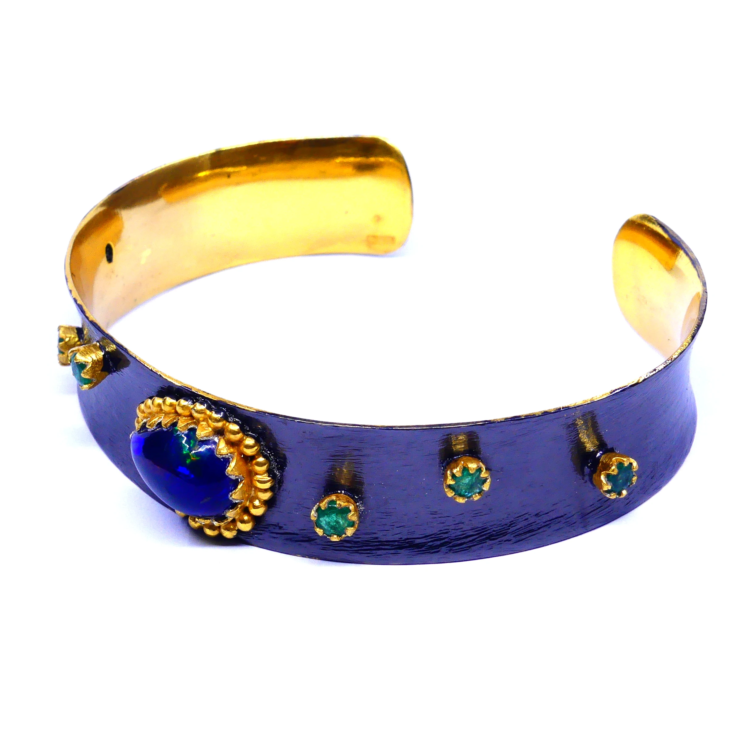 Handmade Oxidized 925 Sterling Silver Black Opal and Emerald Gemstones Daily Wear Ladies Cuff Bangle