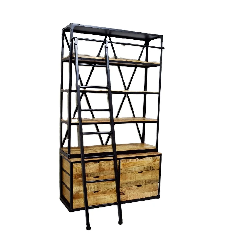 Best Selling Modern Vintage Industrial Design Double Part Bookshelf with Ladder Drawer Storage Bookcase for Home Living Room