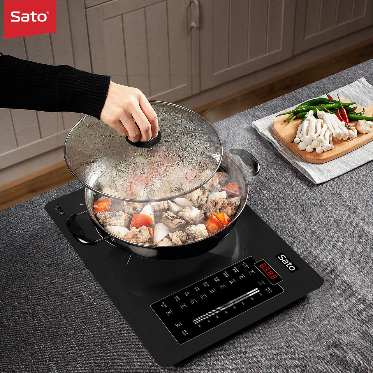 Sato Manufacturer OEM/ODM Single Induction Cooker BT027 with High-quality Sapphire tempered glass surface Multi-function cooking