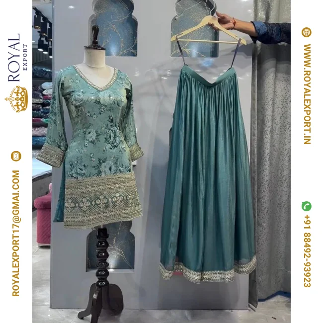 Presenting New Designer Heavy Pure Chinon Silk Long Pakistani Suit Top Sharara and Dupptta In Fancy Style