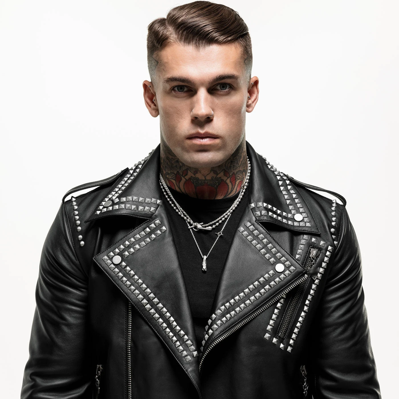 Men Motor Bike Turn Down Collar Sliver Metal Leather Jacket Male Casual Windproof Streetwear Vintage Spike Leather Jacket Mens