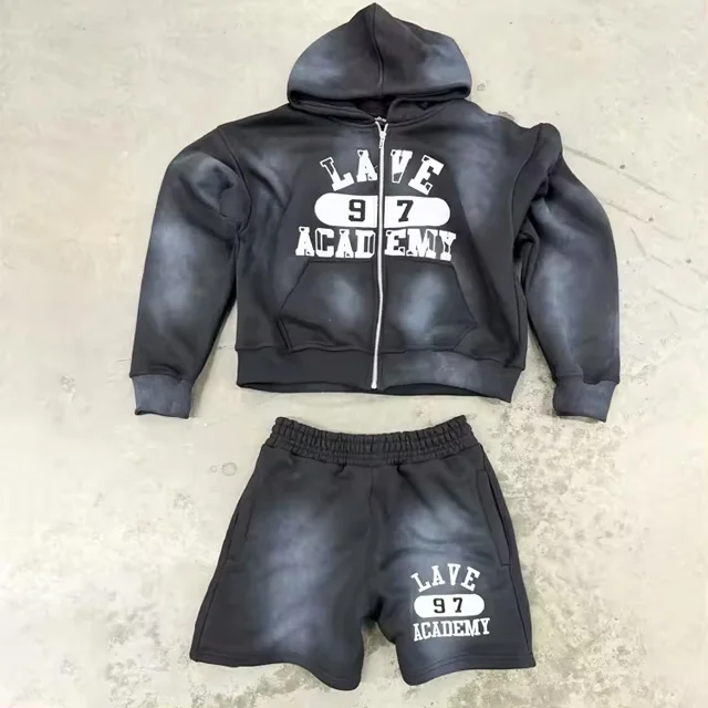 Custom streetwear zip up hoodie and shorts set man sweatsuit embroidery patch sun faded acid washed hoodies tracksuit