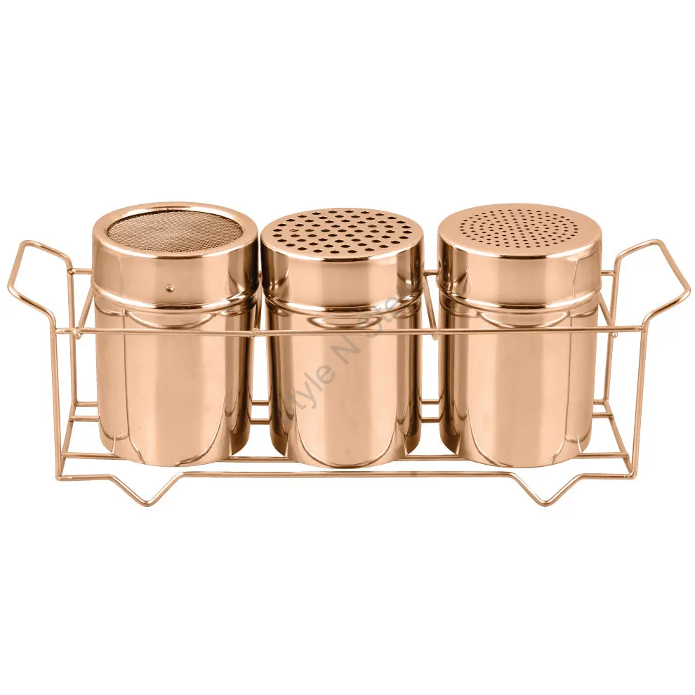 premium heavy round shape salt and pepper set with a holding stand in rose gold color and stylish classic design