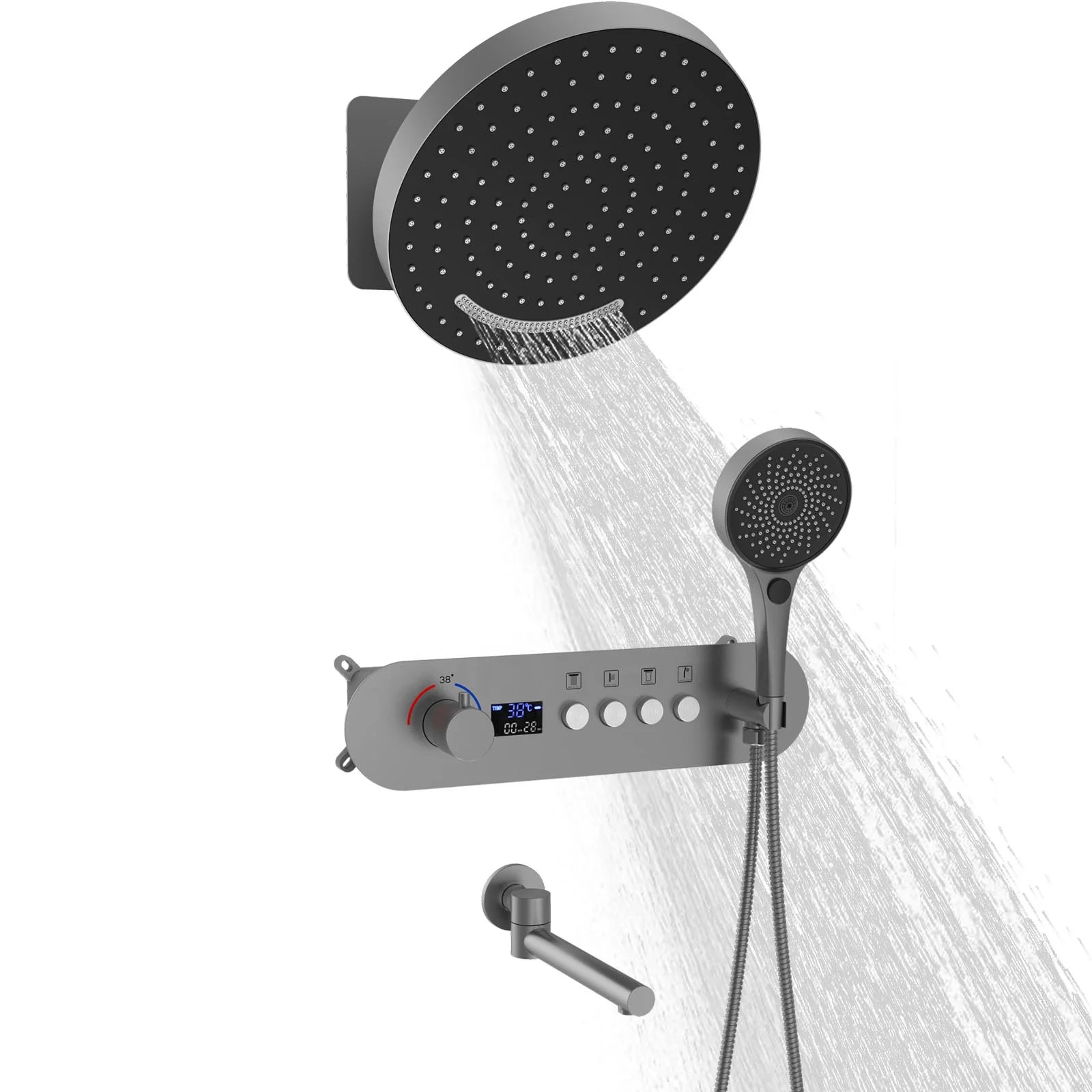 Kaiping High-end Gun Gray Constant Temperature Shower Set Bathroom All Copper Dark Wall Hidden Digital Display Shower System