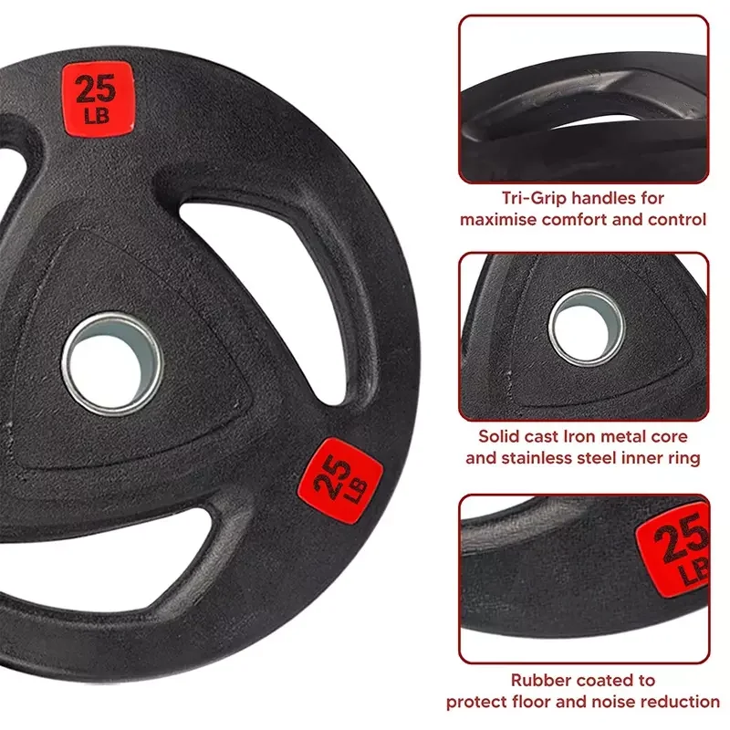 50mm hole Tri-grip Rubber Coated Cast Iron Weight Plate for weightlifting