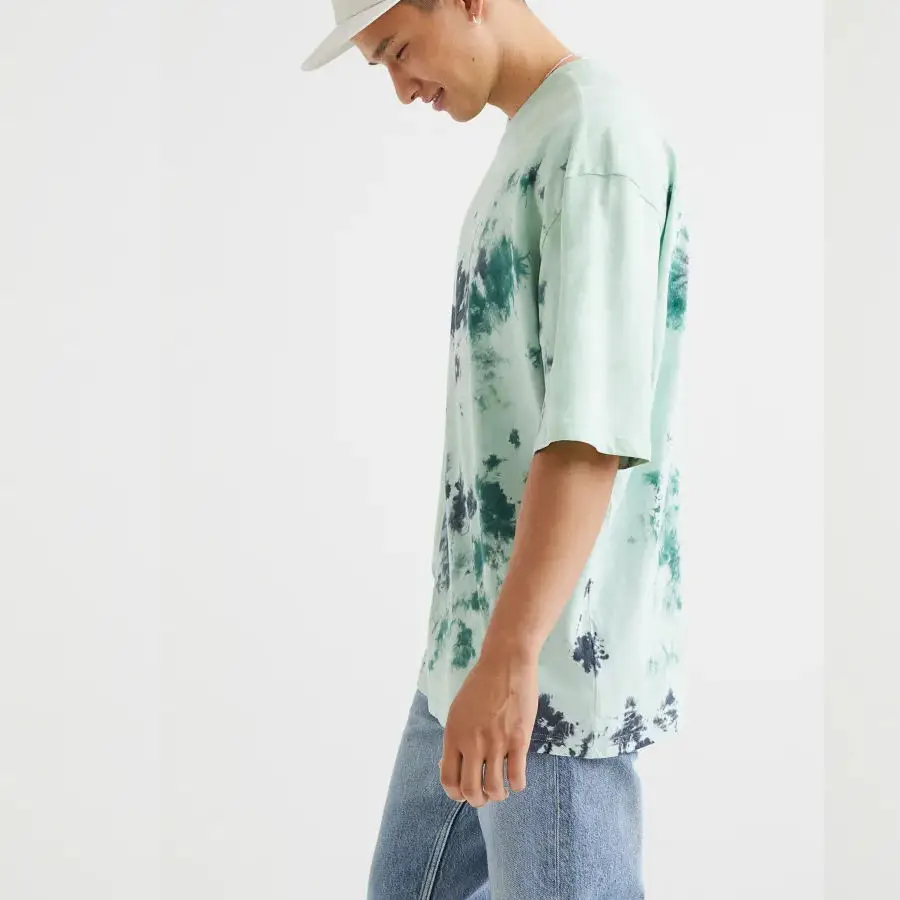 Latest Design Summer Arrival Men Tie And Dye Print Loose Fit Casual Acid Washed Drop Shoulder T Shirt For Sale