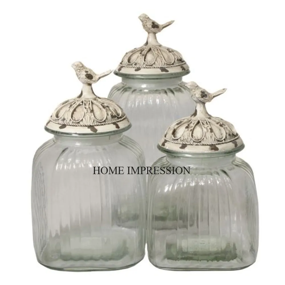 Vintage Art Collection Set of 3 Glass Made Jars With Wooden Top Unique Designer Lid and Frame for Storage Boxes Holder Supplies