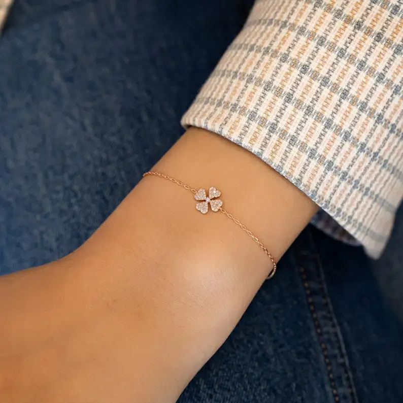 18k Pure Gold Paved Diamond Clover Flower Bracelets with Adjustable Drawstring Chain Luxury Handmade Bracelet For Her Wholesale