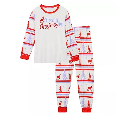 Christmas Sleepwear Long Sleeve Tee With Pants Lounge Holiday Pajama Sets 100% Cotton merry christmas suit