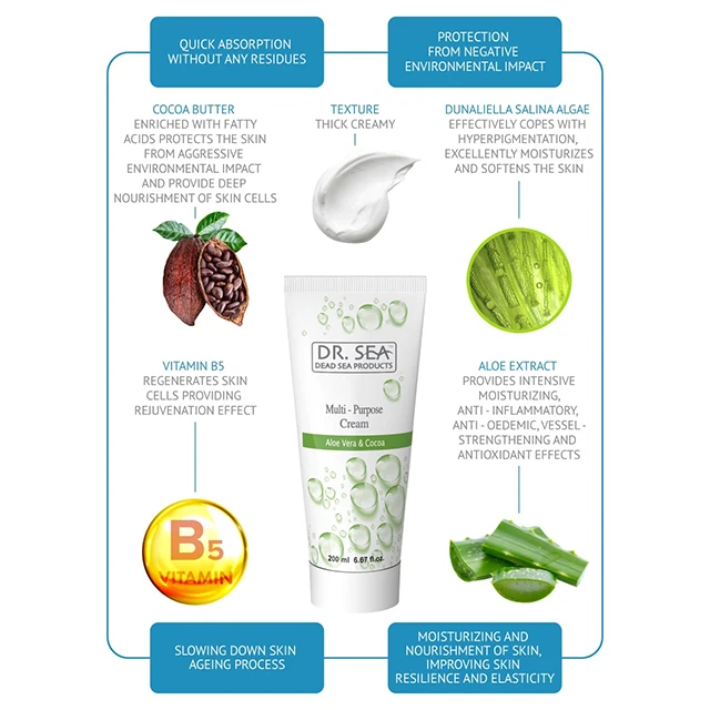 Многоцелевой крем-алоэ вера и какао 200 мл от Dr.SEA Cosmetics товары из Израиля Мертвого моря Быстрая доставка бесплатные образцы