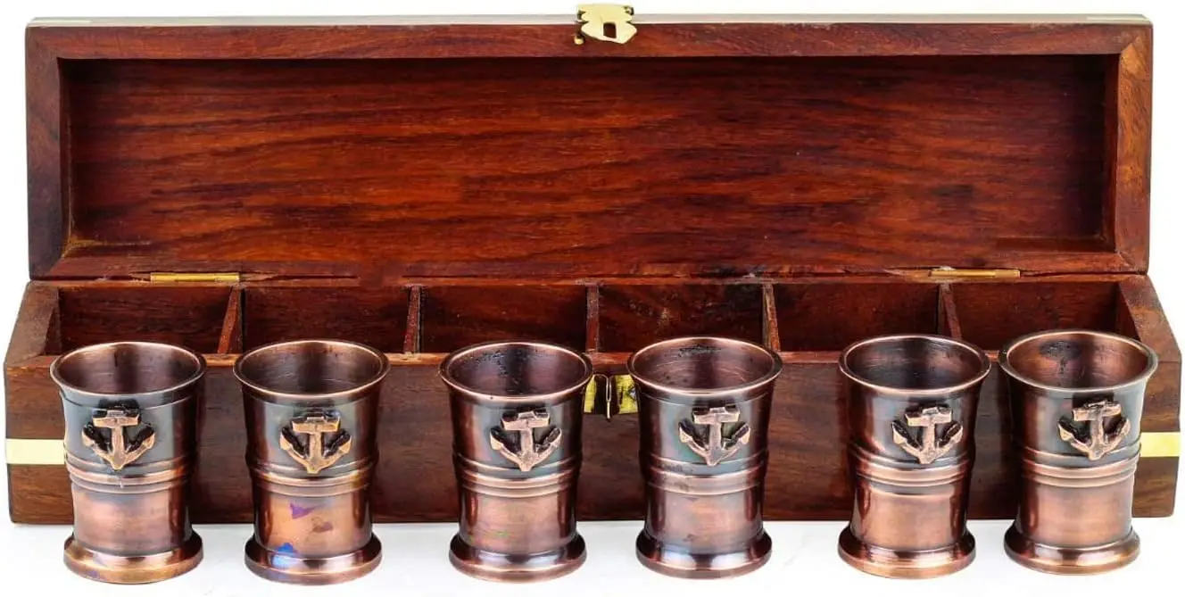 6 Brass Antique Shot Glasses Hotel & Bar Wine Drinking Shot Glasses with Anchor Wooden Box Nautical Beer Glass Set of 6 Bar-Ware