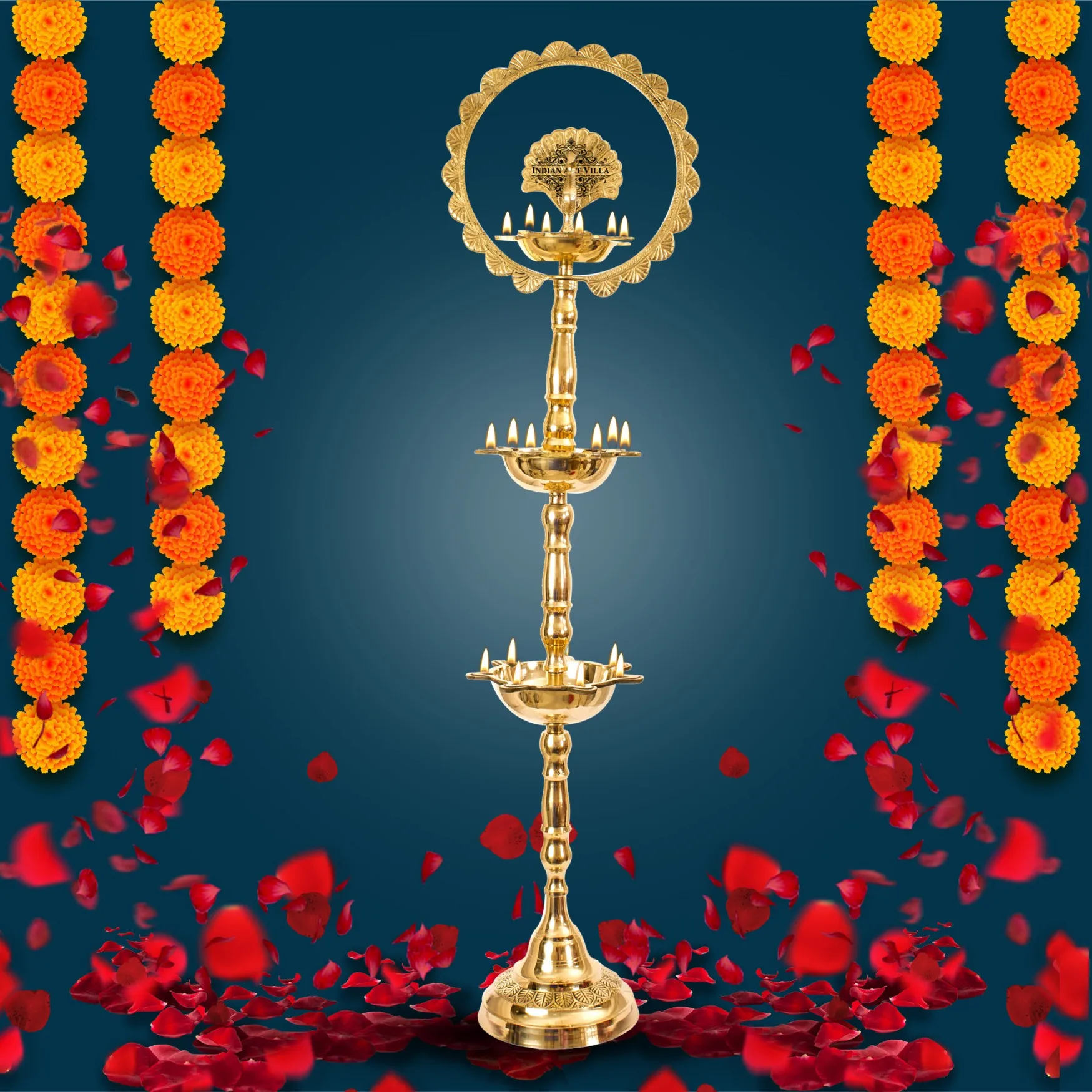 Indian Art Villa Pure Brass Oil Lamp Stand/Pillar 3 Step Diya/Deepak/Lamp/Lantern With Peacock Design, Pooja, Home Decor