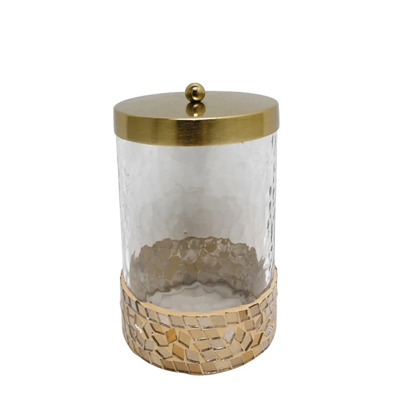 Kitchen & Tabletop Glass & Iron Round Box With LID Matt Nickel Plating With Silver Mosaic Large Size Storage Jars And Canisters