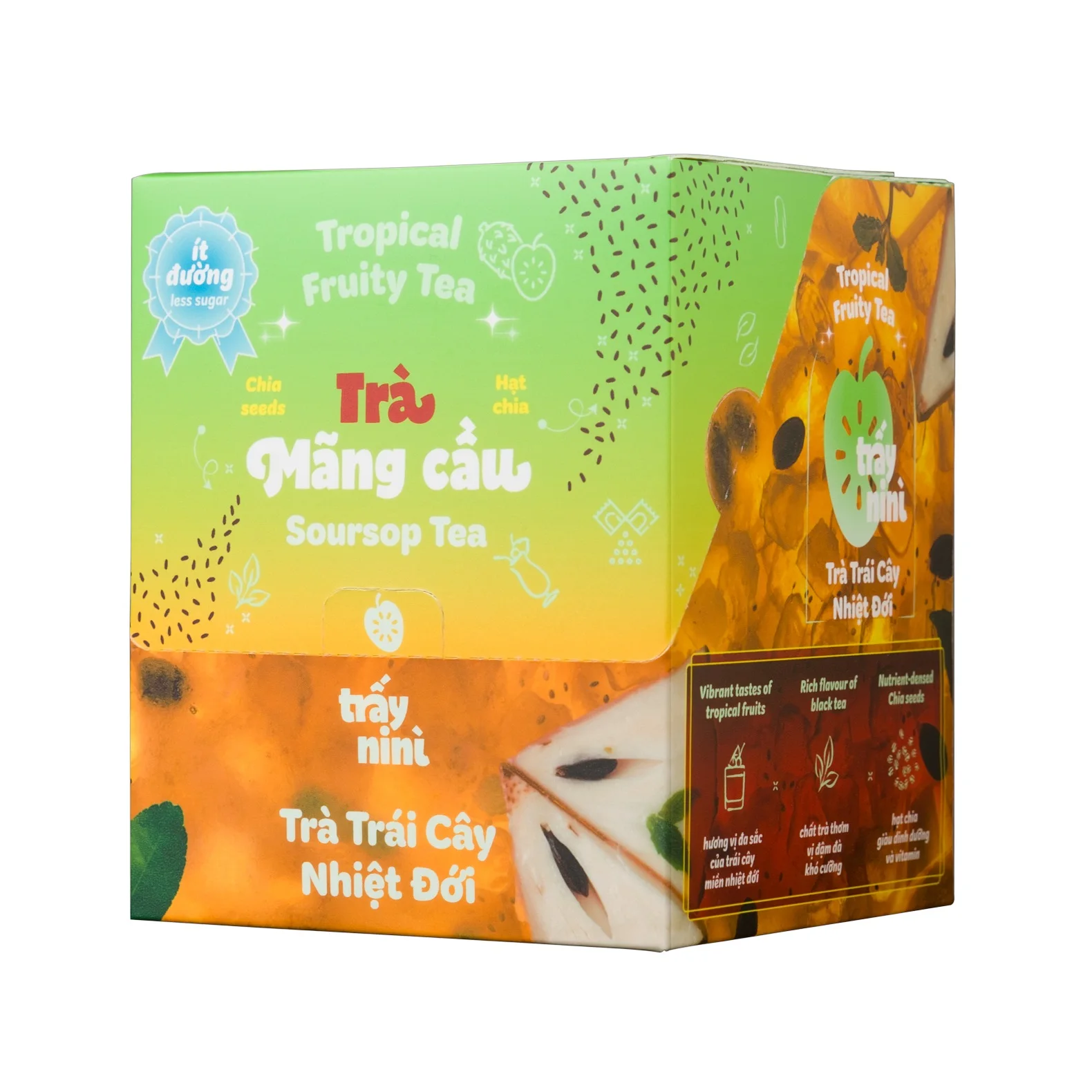 Instant SOURSOP Tea 10 Sachets x 10G per box,  Tropical Fruit Tea SOURSOP Flavor with Chia Seed from TRAYNINI Brand Vietnam