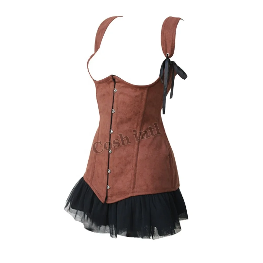 COSH CORSET Underbust Steelboned Brown Leather Corset Dress With Shoulder Straps And Bottom Net Frill Outfit