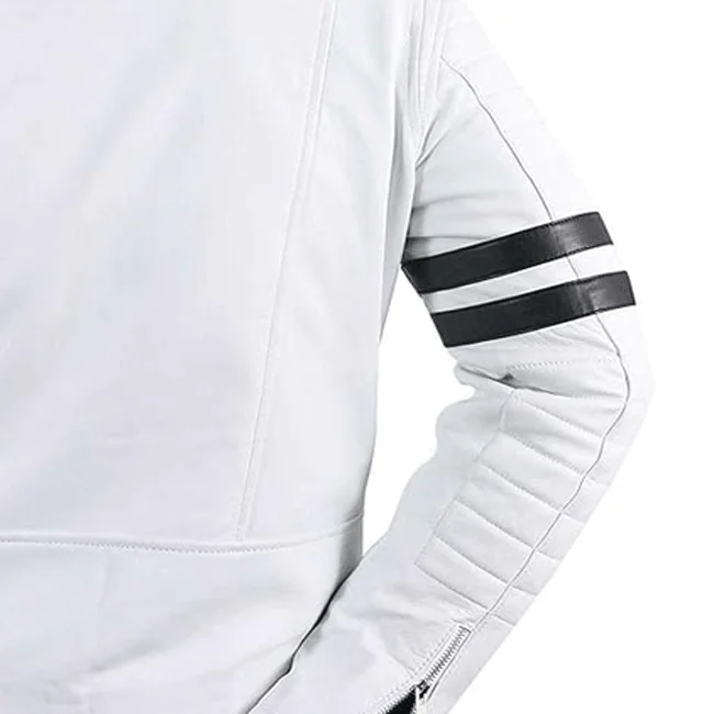 Motorcycle Gear Original Leather Jacket  Men White Biker Jacket with Black Striped Available In All Sizes