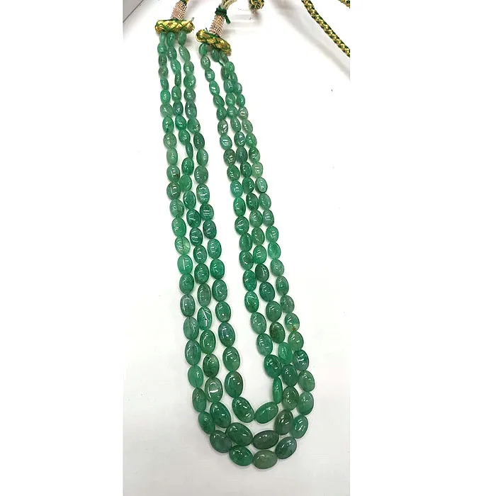Dark shade green emerald beryl Stone smooth tumble Beads Necklace 8-10mm length 22 inch 3 layers beryl beaded vintage necklace
