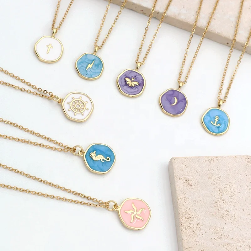 Fashion Round Gold plated stainless steel Chain Enamel Cross Lighting Anchor Moon Butterfly Sea Horse Sea Star Pendant Necklace