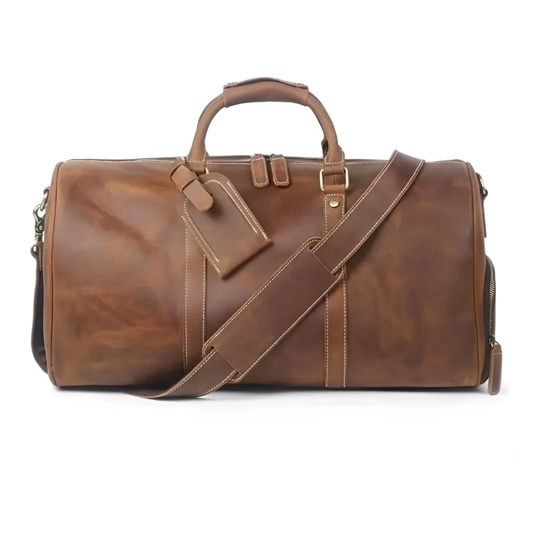 Elegant Brown Vintage Leather Duffel Bag  Men Genuine Crazy Horse Leather Weekender with Shoe Compartment Design and Custom Logo
