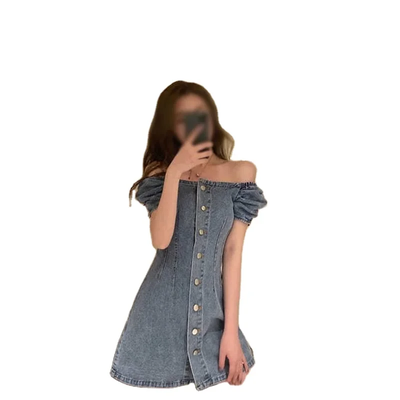 Dress Women Blue Denim Mini Single Breasted Square Collar Sweet Style Simple Design Outerwear Vintage Young Ladies