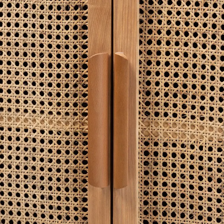 Mid Century Oak Finished Wood Rattan Living Room Cabinet and 2 Door