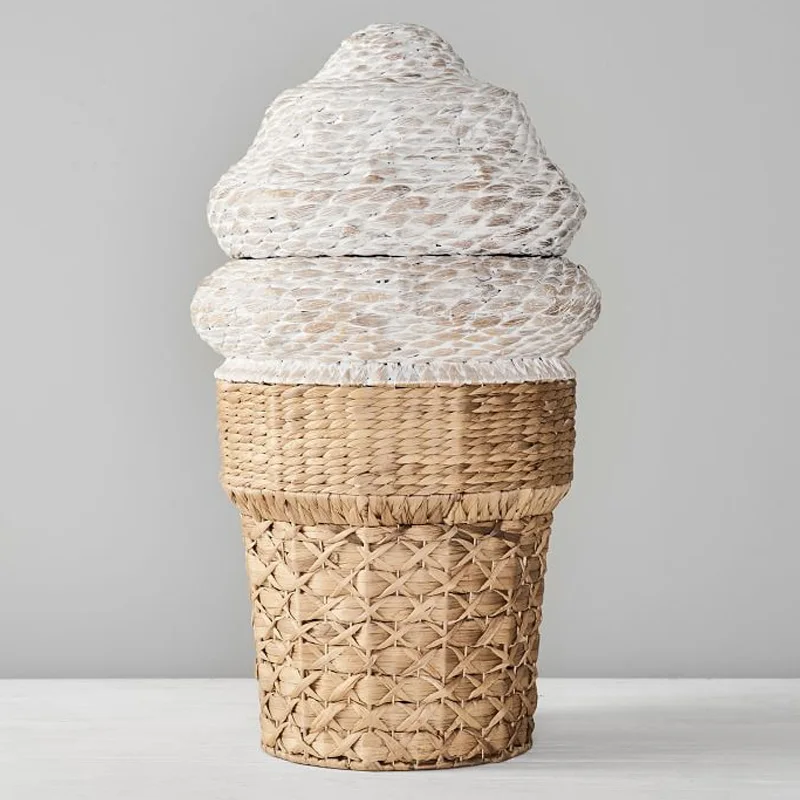 European Style Natural Water Hyacinth Ice Cream Cone Hamper Laundry Storage Basket With Lid Best Price Vietnam Supplier