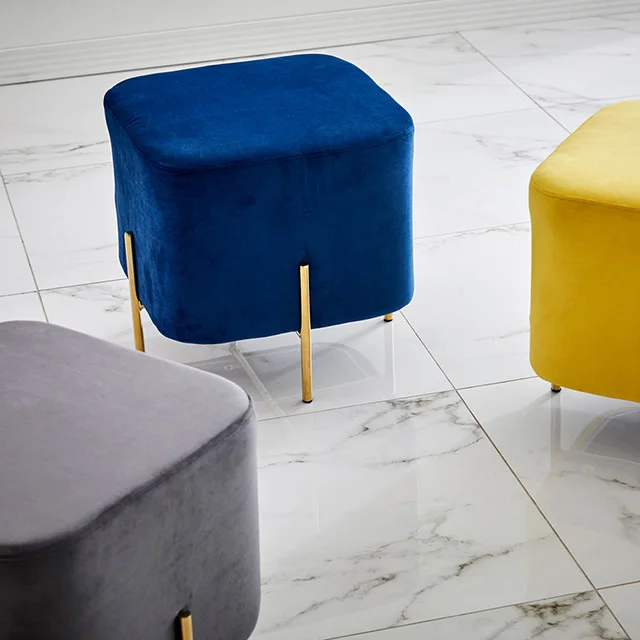 Luxury Bar Stool Modern Comfortable Velvet fabric Golden Steel Leg Square Sitting Ottoman Foot Stool Pouf for Home Hotel Shop
