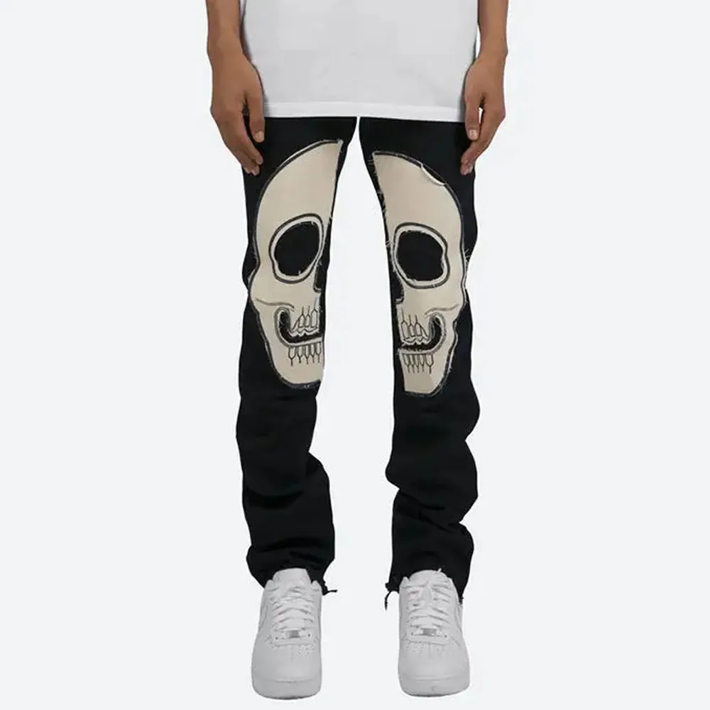High Street Hip Hop Custom Jeans Skeleton Straight Denim Black Washed Slim Fit Stacked Denim Jeans Pant For Men