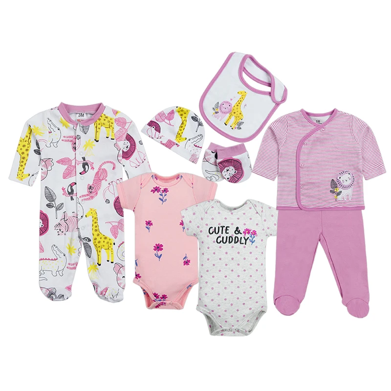 8 Pieces Comfortable Baby clothes Sets with bodysuit & sleepsuit & bib &hat & Baby kimono & booties and pant baby clothing set