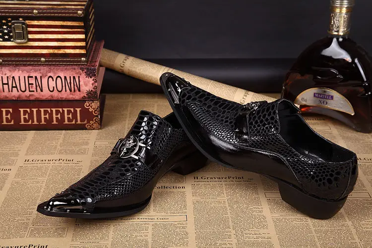 Black Prom Party Leather Dress Flats Metal Pointed Toe Leather Shoes Dress Men Shoes Genuine Leather Mens Dress Shoe