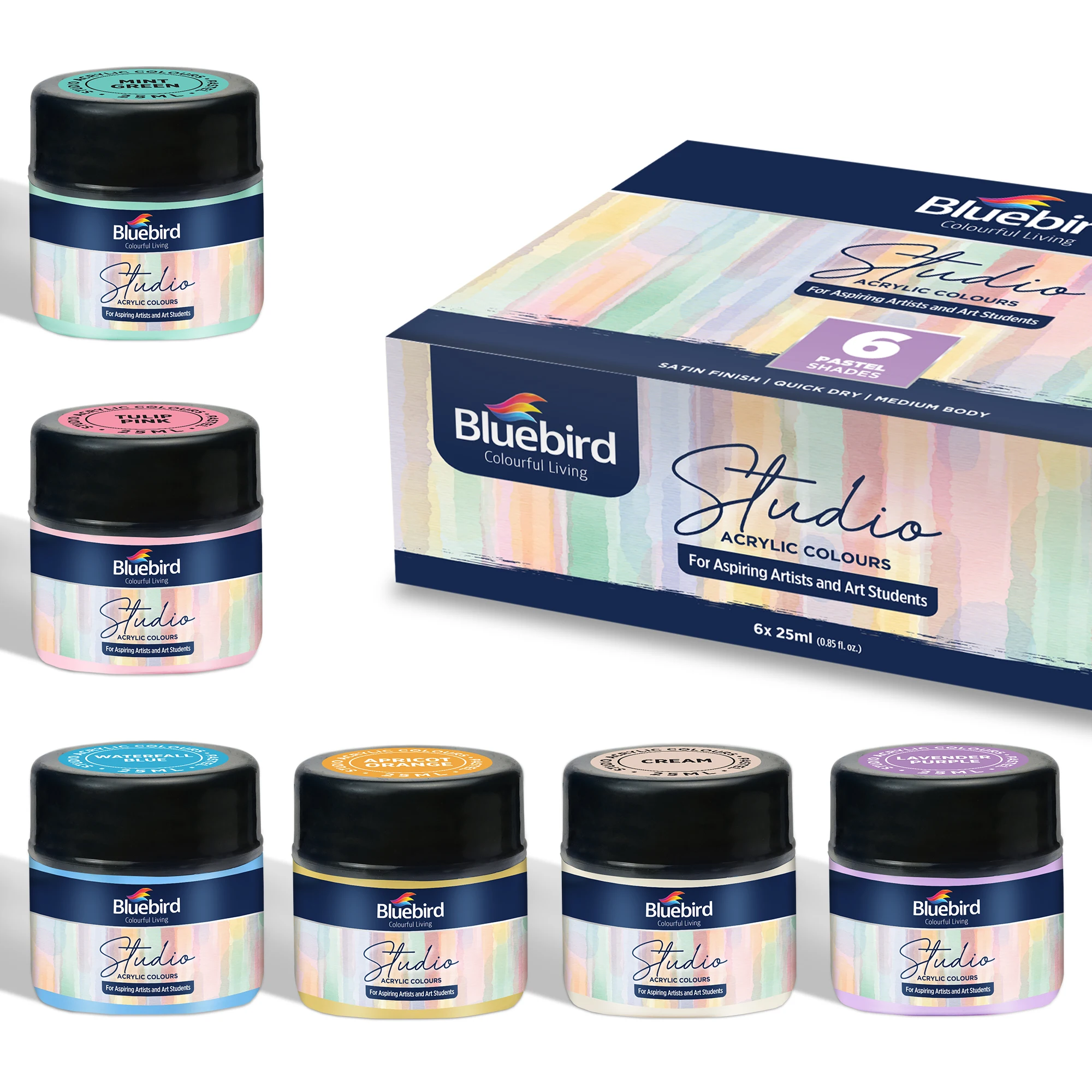 BLUEBIRD Studio Acrylic Paints, Pastel Colors, 6-Pack 0.85 Fl Oz each Acrylic Paint For Kids, Students & Beginner Artists