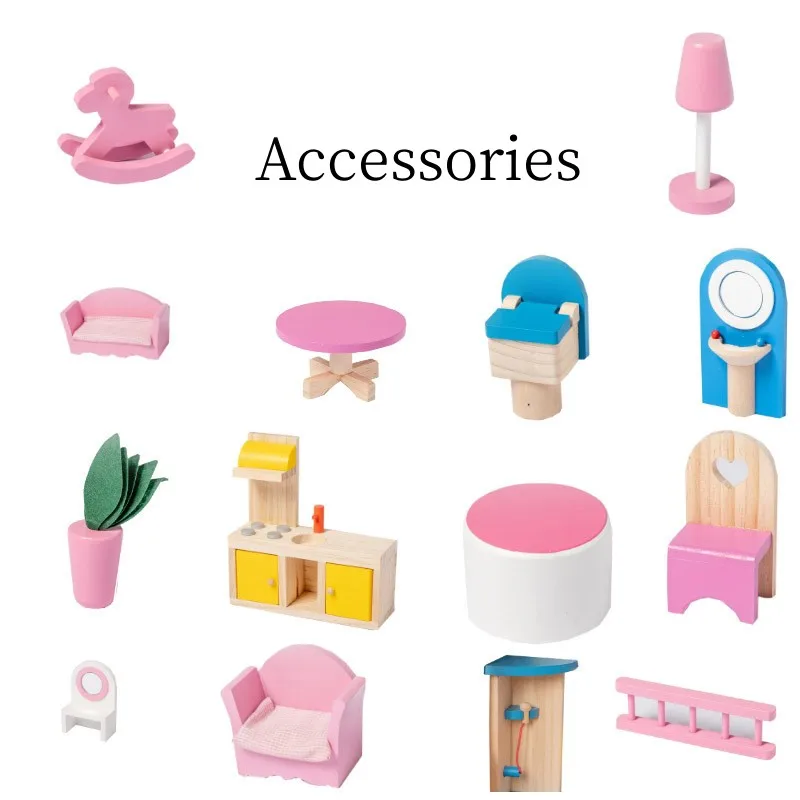 Pretend Role Play DIY Educational Toy Big Kids Wooden Doll House Villa With Doll Room Furniture Dollhouse