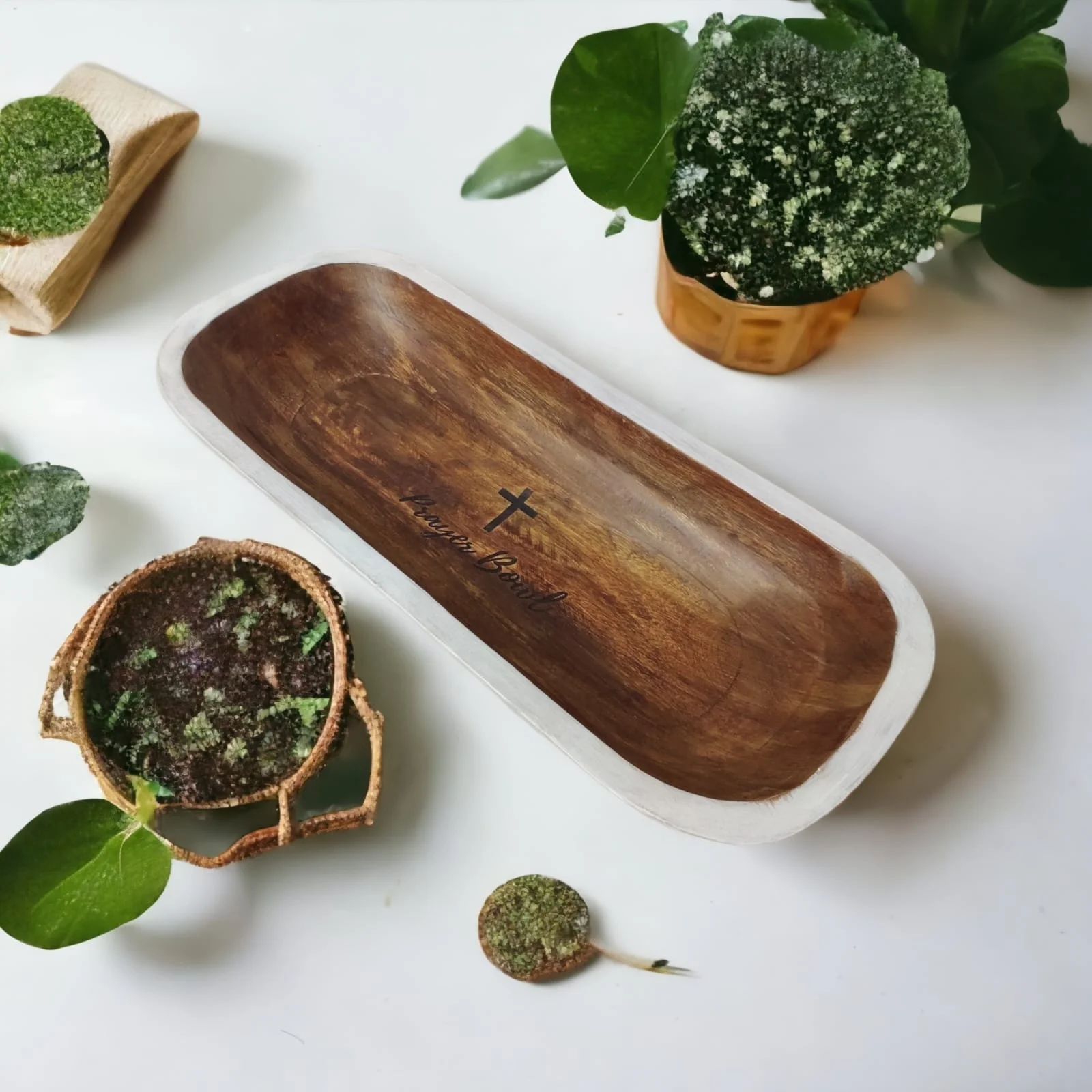 Large Vintage Brown Wooden Prayer Dough Bowl Rustic Religious Christian Cross Engraved Home Decor Art Christmas Church Candle