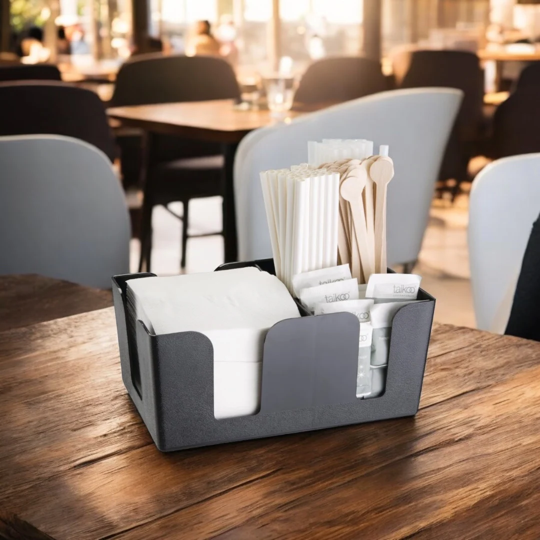 Black Plastic Bar Caddy Organizer with 6 Compartments for Napkins Toothpicks Straws