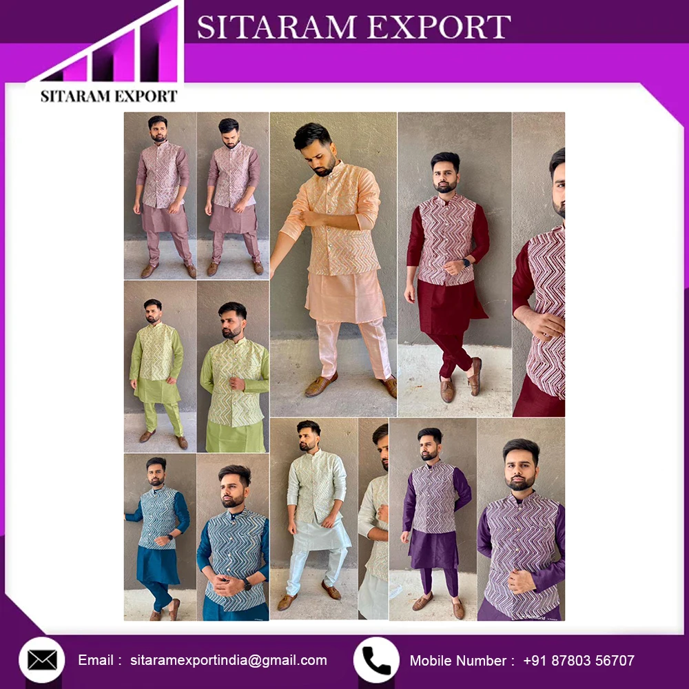 Indian Traditional Party Wear Heavy Banglori Silk with inner in kurta With Pajama & koti Jacket For Mens Wholesale Rate