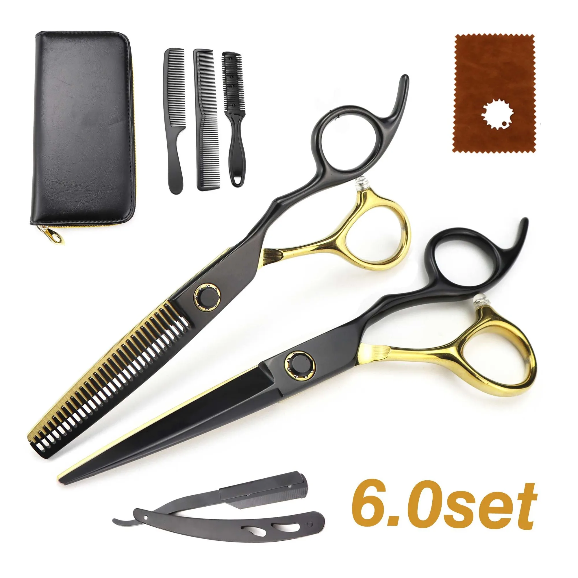 New Best High Performance 6.0 inch black-gold Professional Hair Cutting Hairdressing Barber Scissors Kit