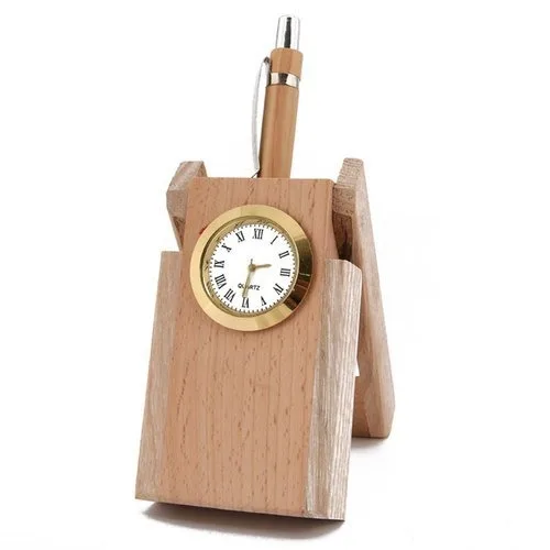 New Arrival Handcrafted Wooden Craft Professional Corporate Gifting Pen Holder Featuring Watch at Wholesale Prices from India