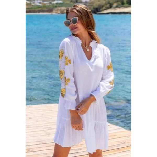 2022 Exclusive White And Golden Women Summer Beach Dress Intricate Handmade Sequin Heart Motif Mini Sun Dress Boho Ladies Tunic