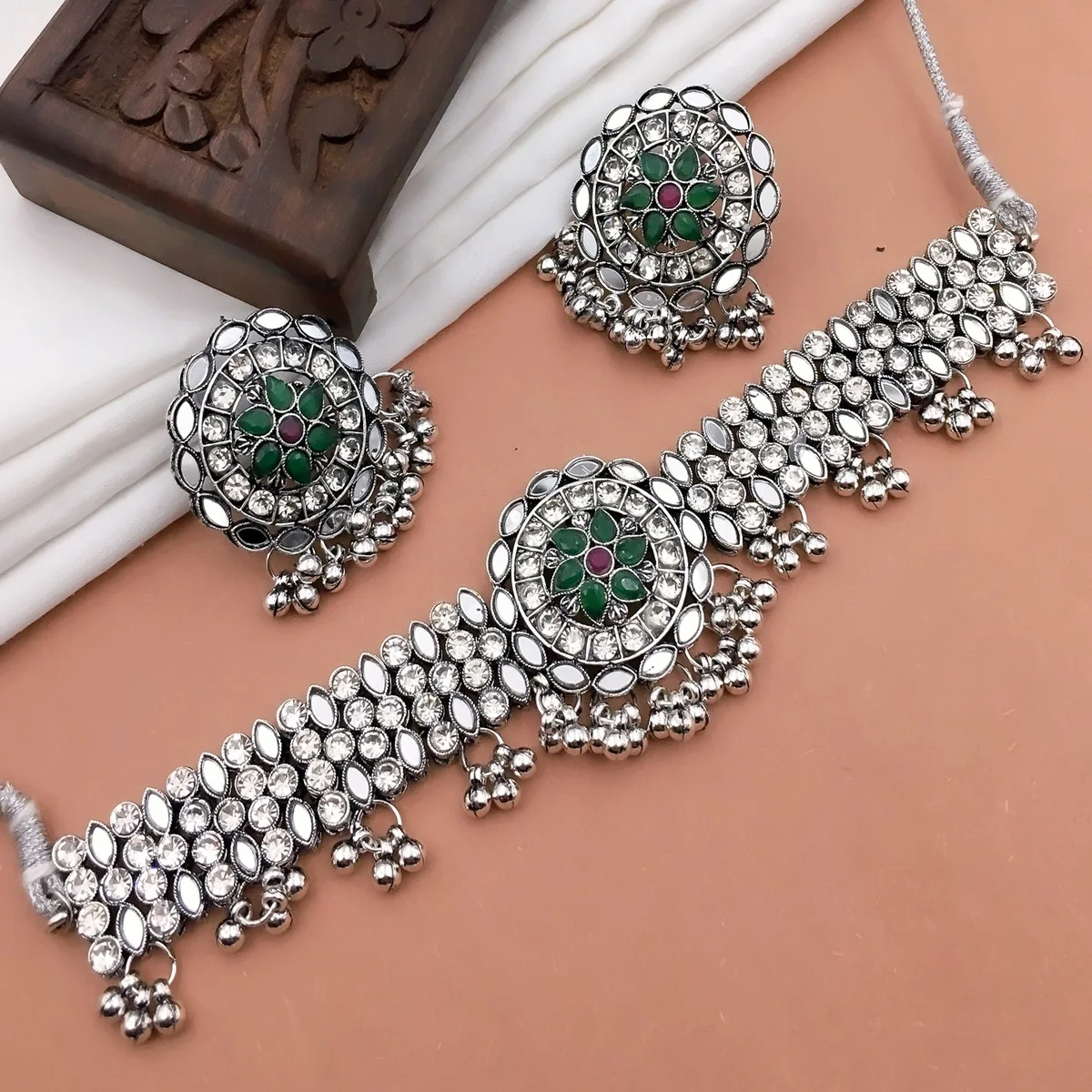 Indian Oxidized Jewellery Choker Necklace Traditional Jewellery Wedding Wear  and Bell Charms Dangle Earring For Women, Silver