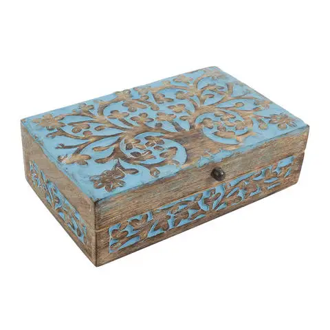 Tree Of Life Hand Carved Turquoise Color Finished Wooden Storage Box For Jewellery Keeping & Gifting Use Wooden Box