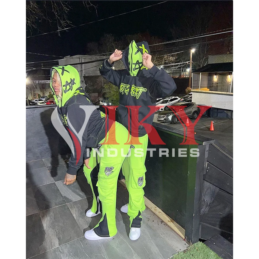 Full zip up Flare tracksuit cargo pocket Stacked pants Flared Sweatpants And Hoodie Sets Tracksuit for men custom sweat suit