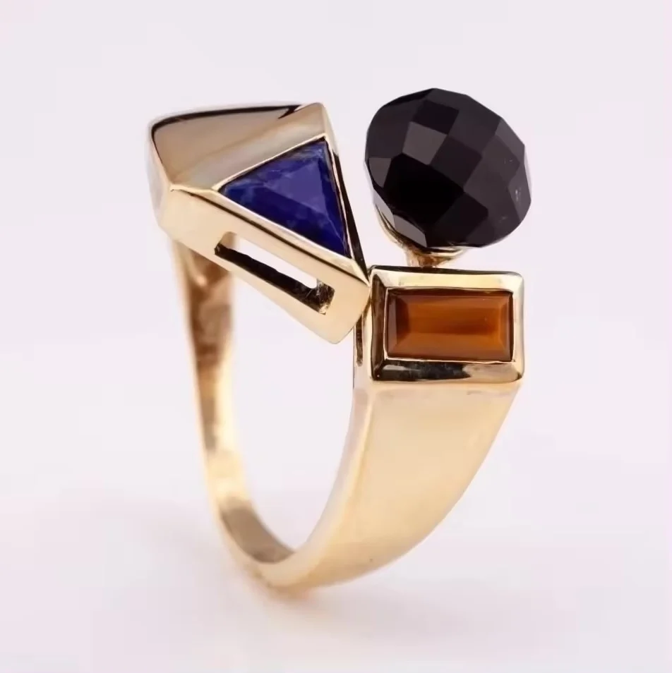 Women Ring Fashion Jewelry 14K 18K Gold Plated Silver 925 Adjustable Ring with Natural Lapis tiger Eye Onyx