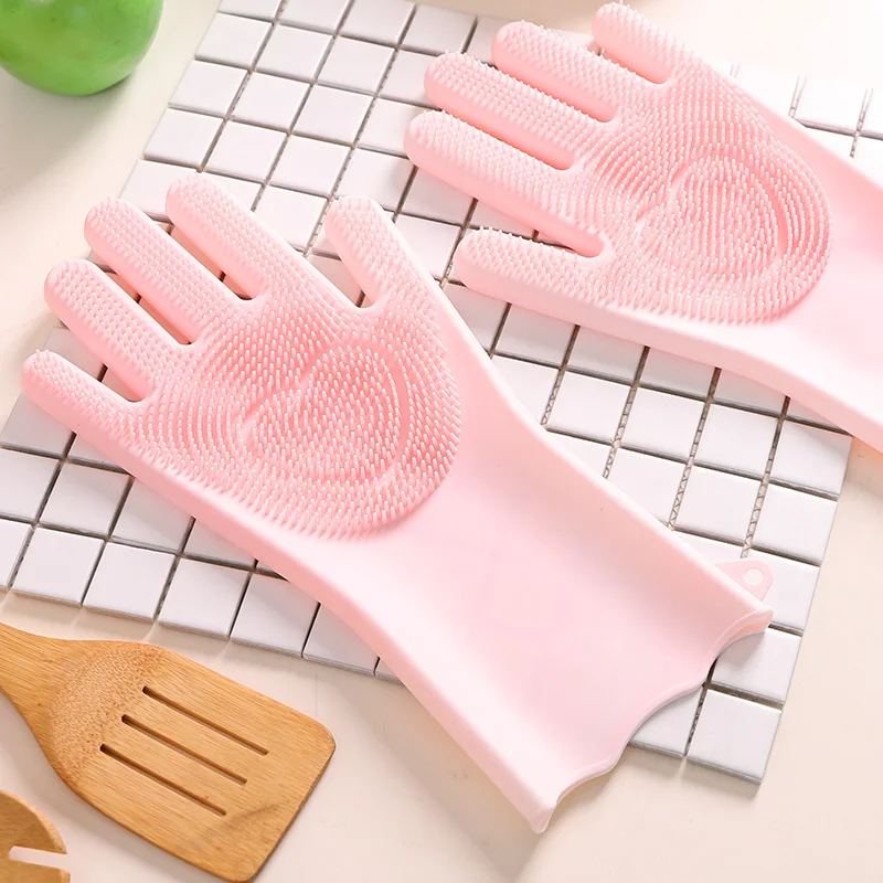 Cleaning Rubber Sponge Gloves, Dishwashing Gloves, Silicone Reusable Cleaning Brush Heat Resistant Scrubber Gloves
