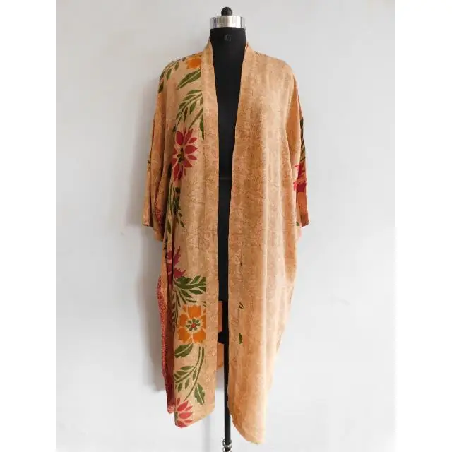 Vintage Crepe Silk Fabric Kimono Robe Floral Print Wholesale Silk Fabric Kimono Jacket For Her