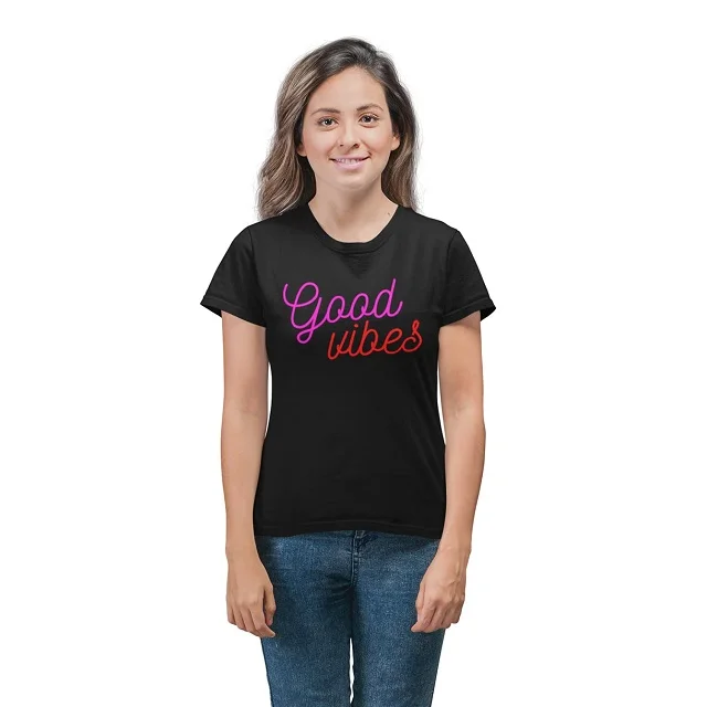 Soft Lady Fabric T-Shirt Black with Machine Printed Logo Comfortable Short Length Half Sleeves round Neck-Customizable