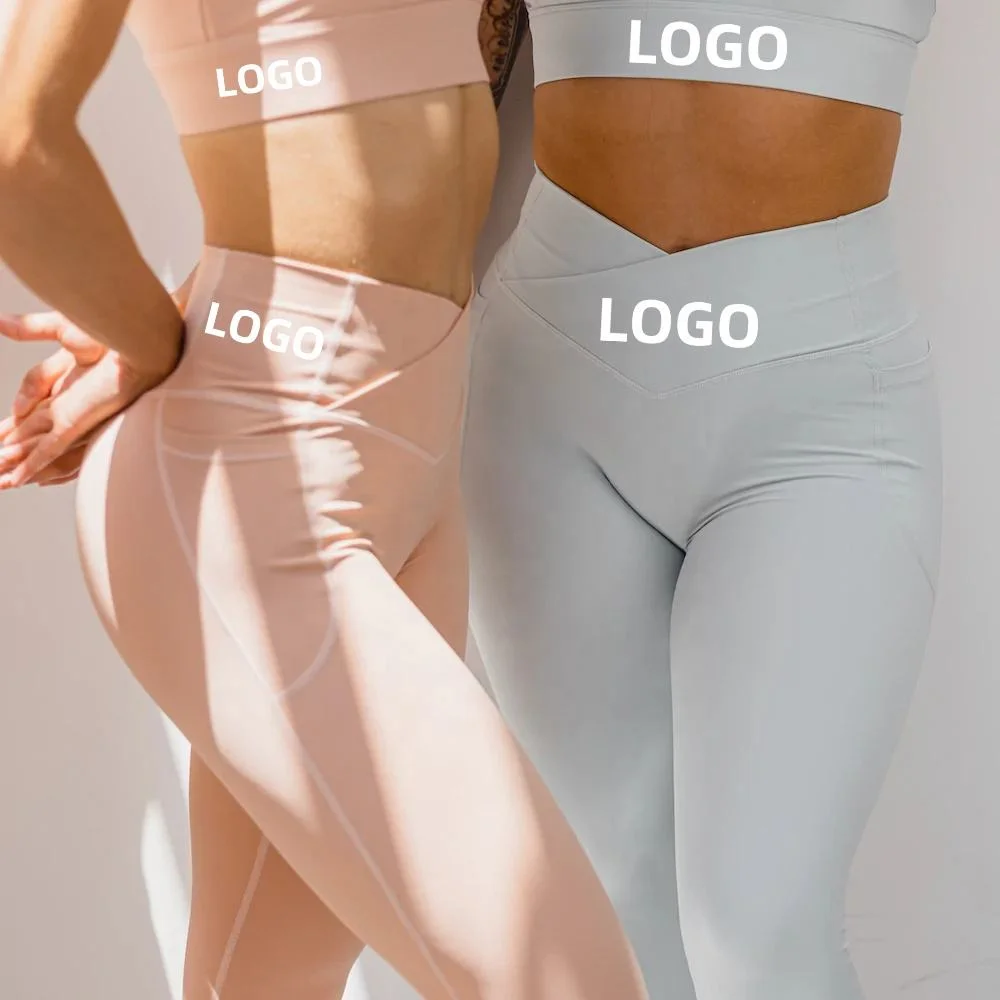 Custom Logo Active Gym Fitness Set Sports Bra V Cut Waist Leggings with Pockets Fitness Women Workout Sets