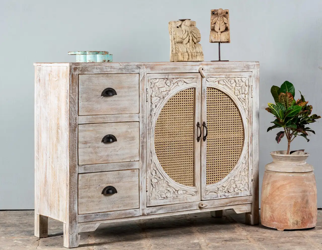rattan materials mango wooden furniture Indian hand carved solid white- washed natural mango wood sideboard